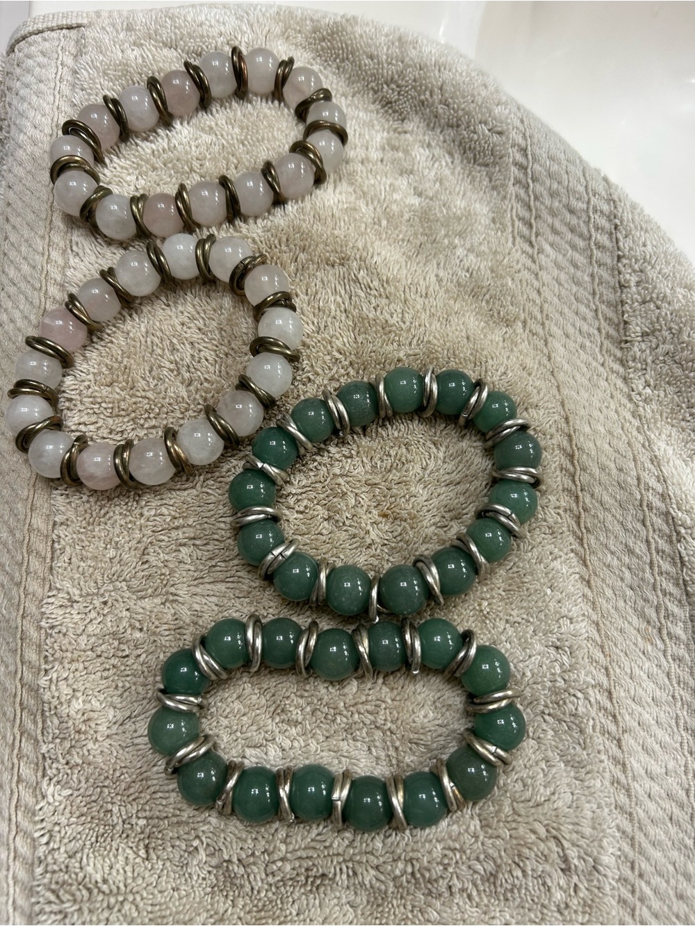 Green and Pale Pink Beaded Stretch Bracelets - Set of 4